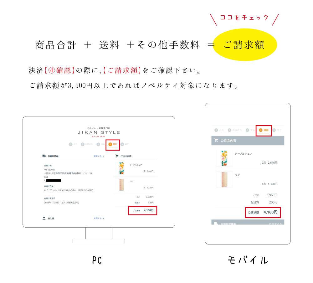 商品合計+送料+その他手数料をご請求額で、3500円以上でノベルティ対象